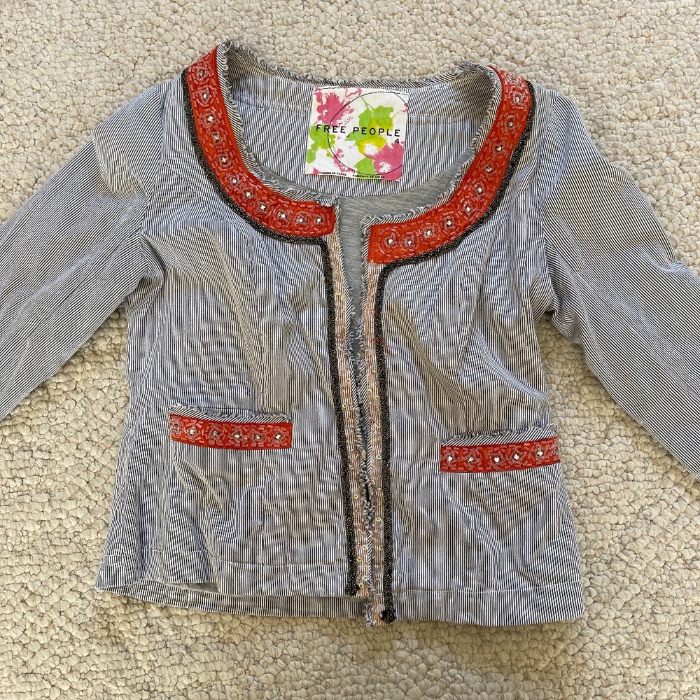 Free People Pinstripe My Fair Lady jacket. Beaded size 4